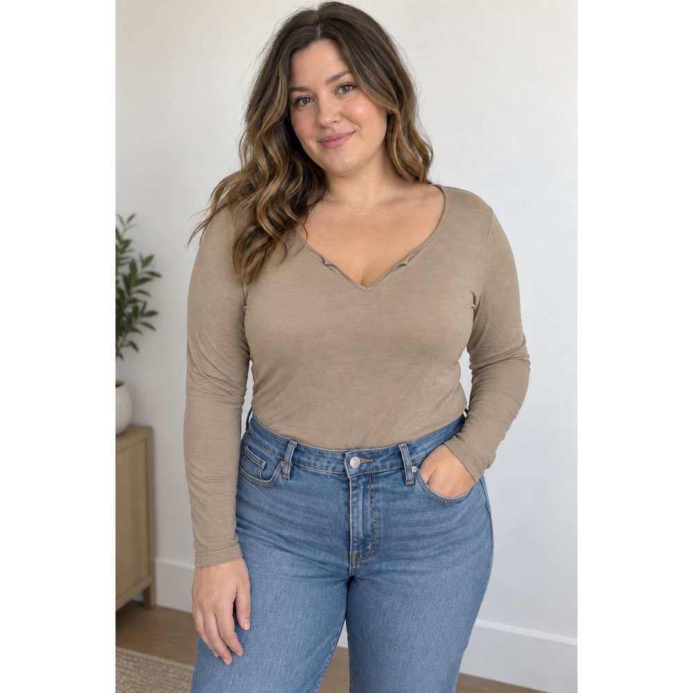 Madewell Womens Tan Beige Notched V-Neck Long Sleeve Bodysuit XL